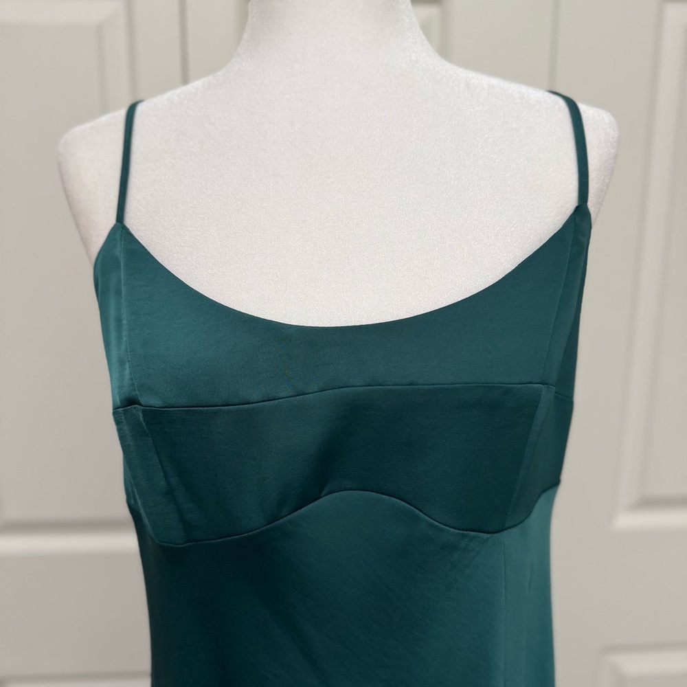 A New Day Emerald Satin Slip Dress XL Bustier Seams Slit Midi - Picture 4 of 15